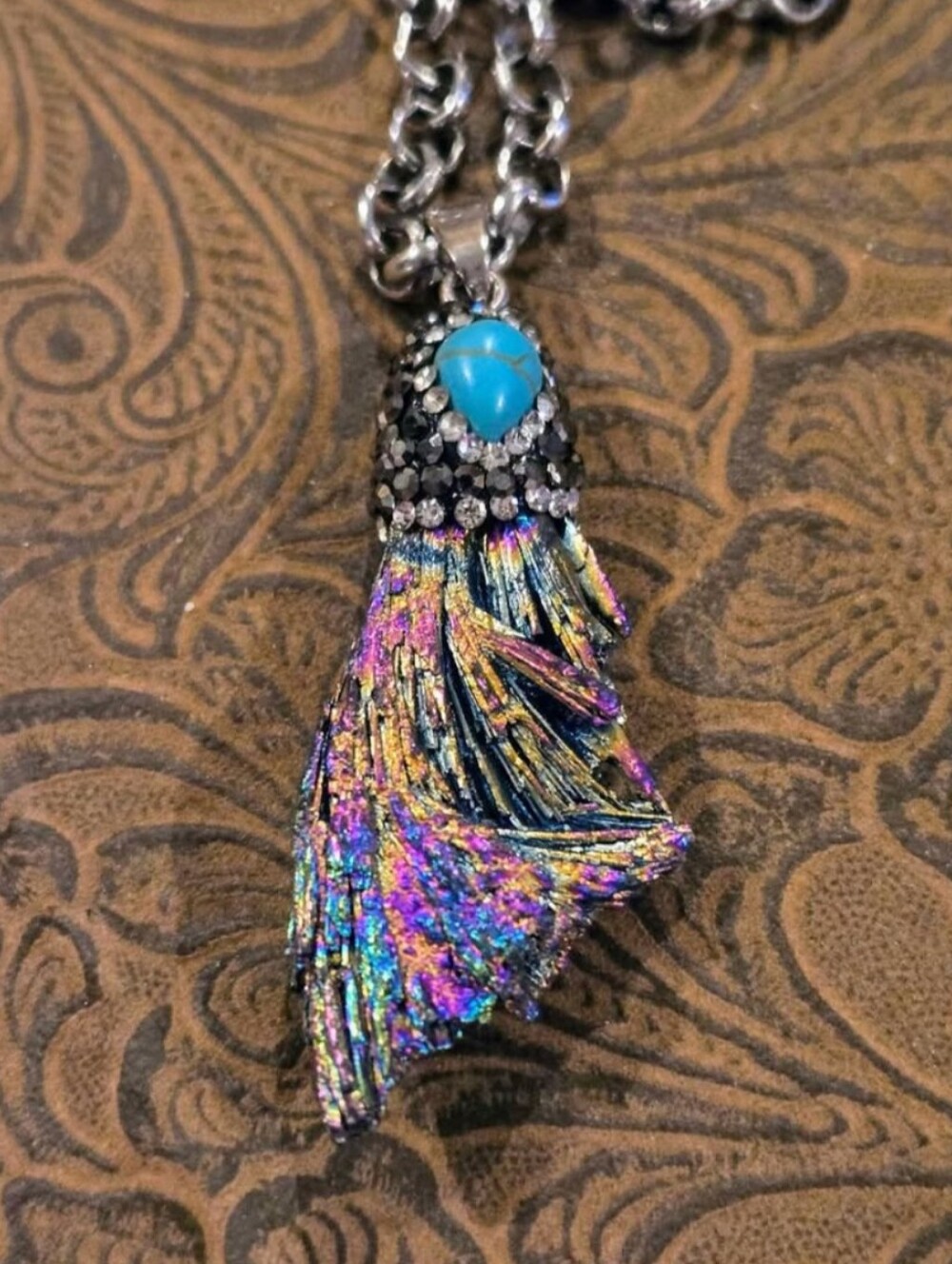 Peacock Kyanite Pendant With Hematite Crystal And Turquoise Accents Necklace
